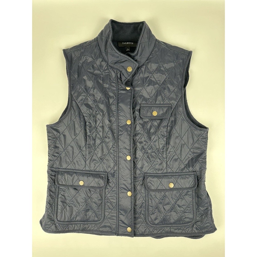 Talbots Vest Womens Large Blue Puffer Light Coat Full Zip Jacket Snap Pockets